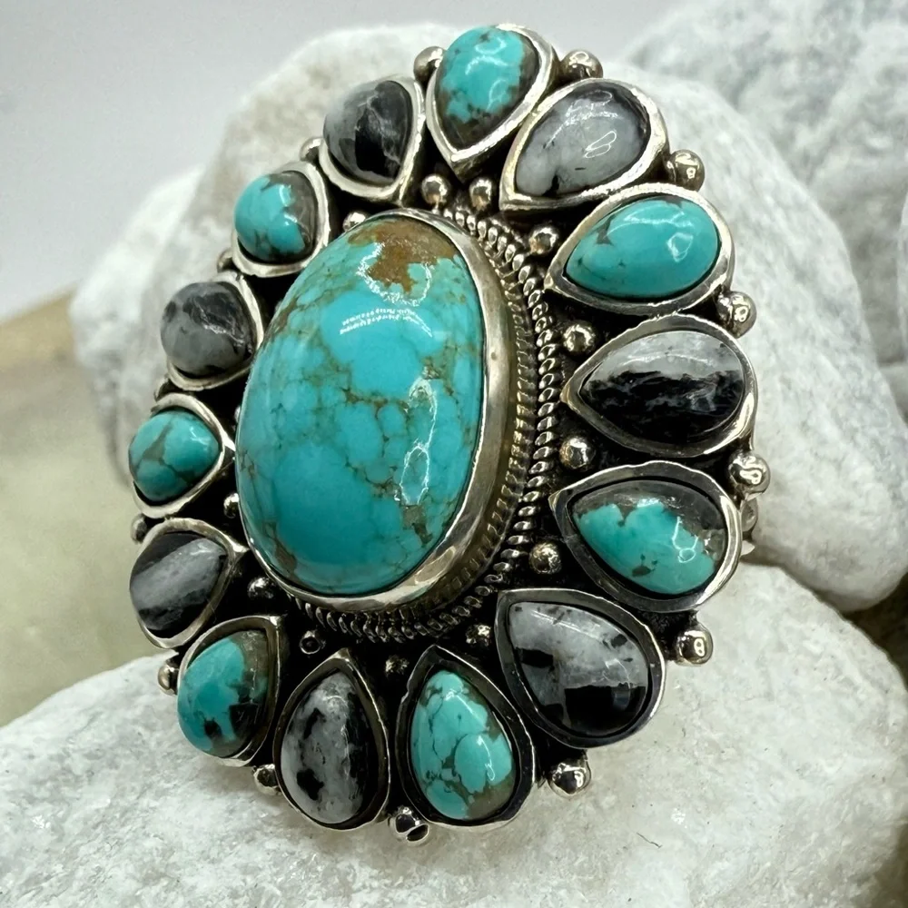 NWT Sierra Nevada Turquoise & White Buffalo Halo Ring 12.90ctw Sterling Silver 8